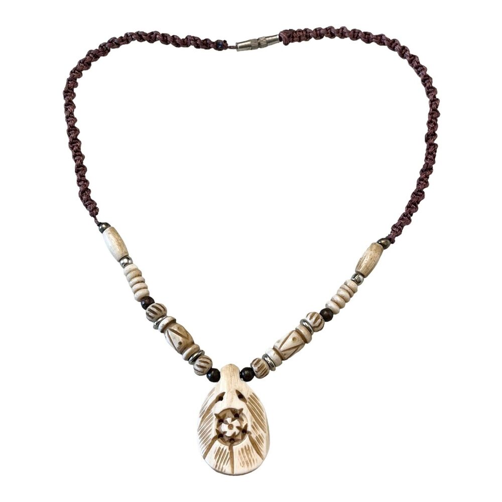 VTG Hand Carved NECKLACE & Floral PENDANT Beaded, Woven Brown White Silver 16"
